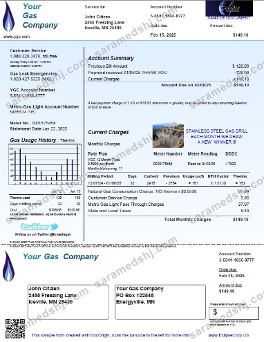 USA Your Gas Company utility bill template in Word and PDF formats